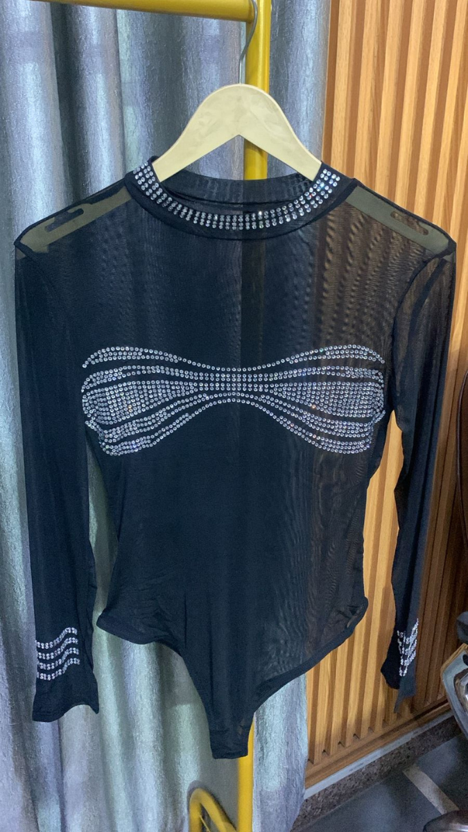Rhinestone Designed Neckline And Front Bodysuit FC2197