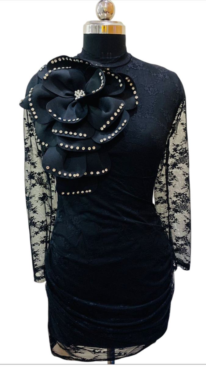 Rhinestone Flower With Net Sleeve Dress FC1759