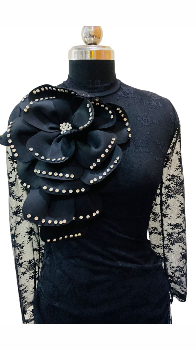 Rhinestone Flower With Net Sleeve Dress FC1759