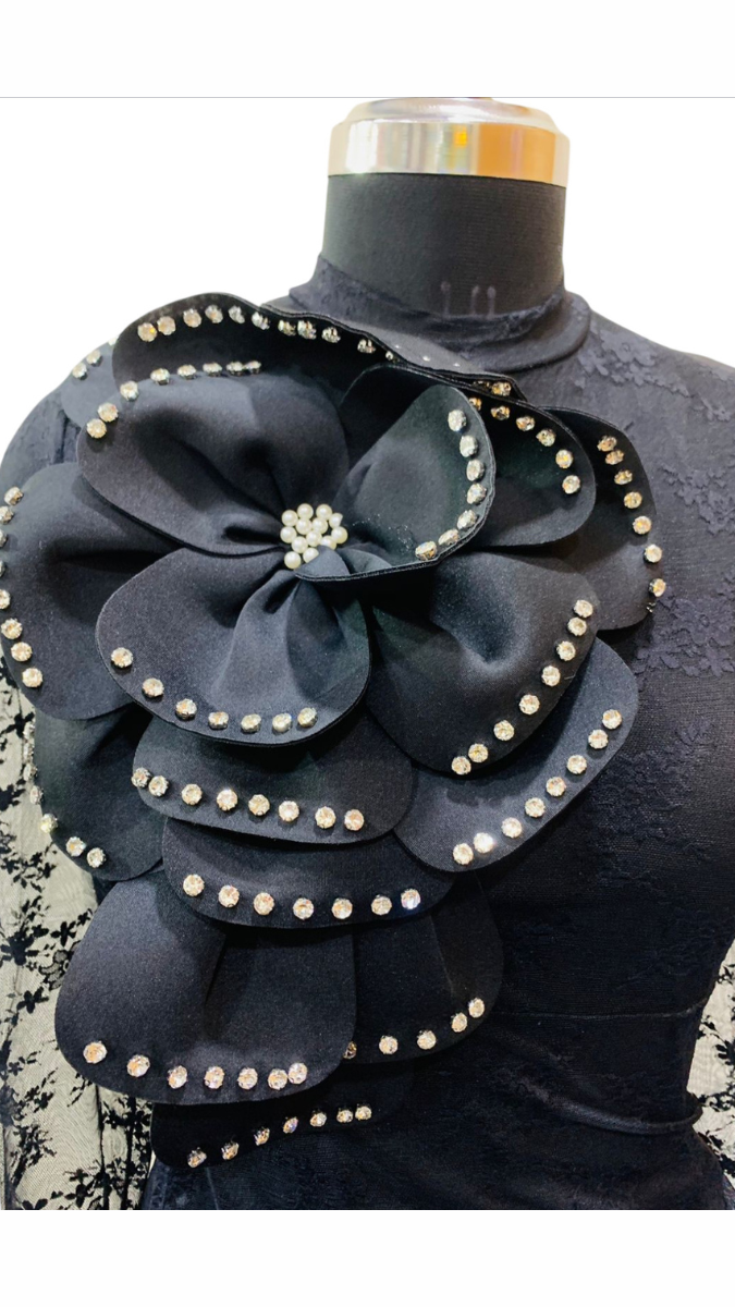 Rhinestone Flower With Net Sleeve Dress FC1759