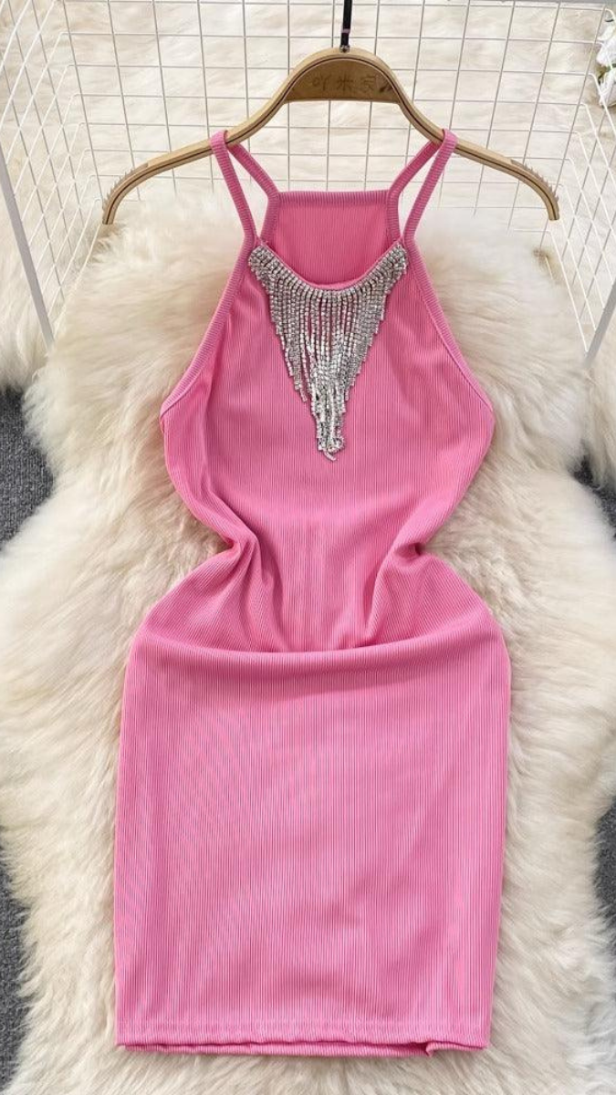 Rhinestone Fringes Necklace Bodycon Dress FC1875