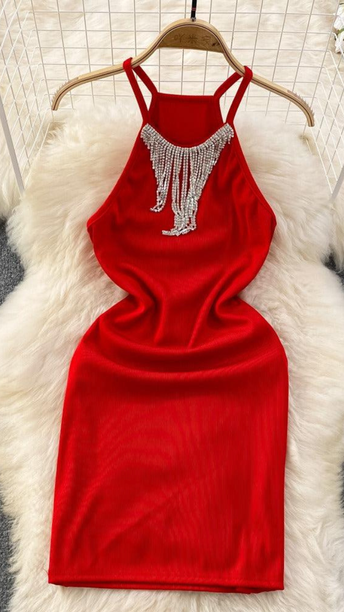 Rhinestone Fringes Necklace Bodycon Dress FC1875
