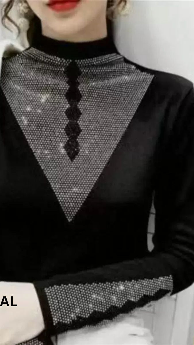 Rhinestone Neck And Sleeve Designed Winter Top FC1461