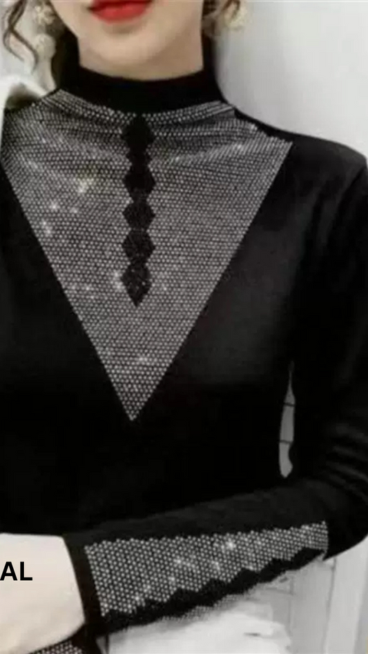 Rhinestone Neck And Sleeve Designed Winter Top FC1461