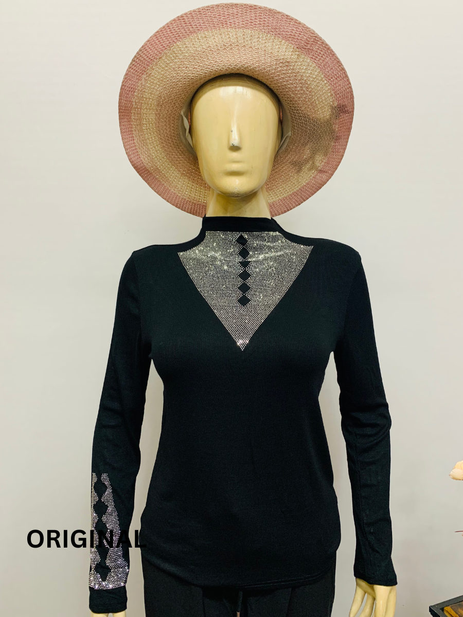 Rhinestone Neck And Sleeve Designed Winter Top FC1461