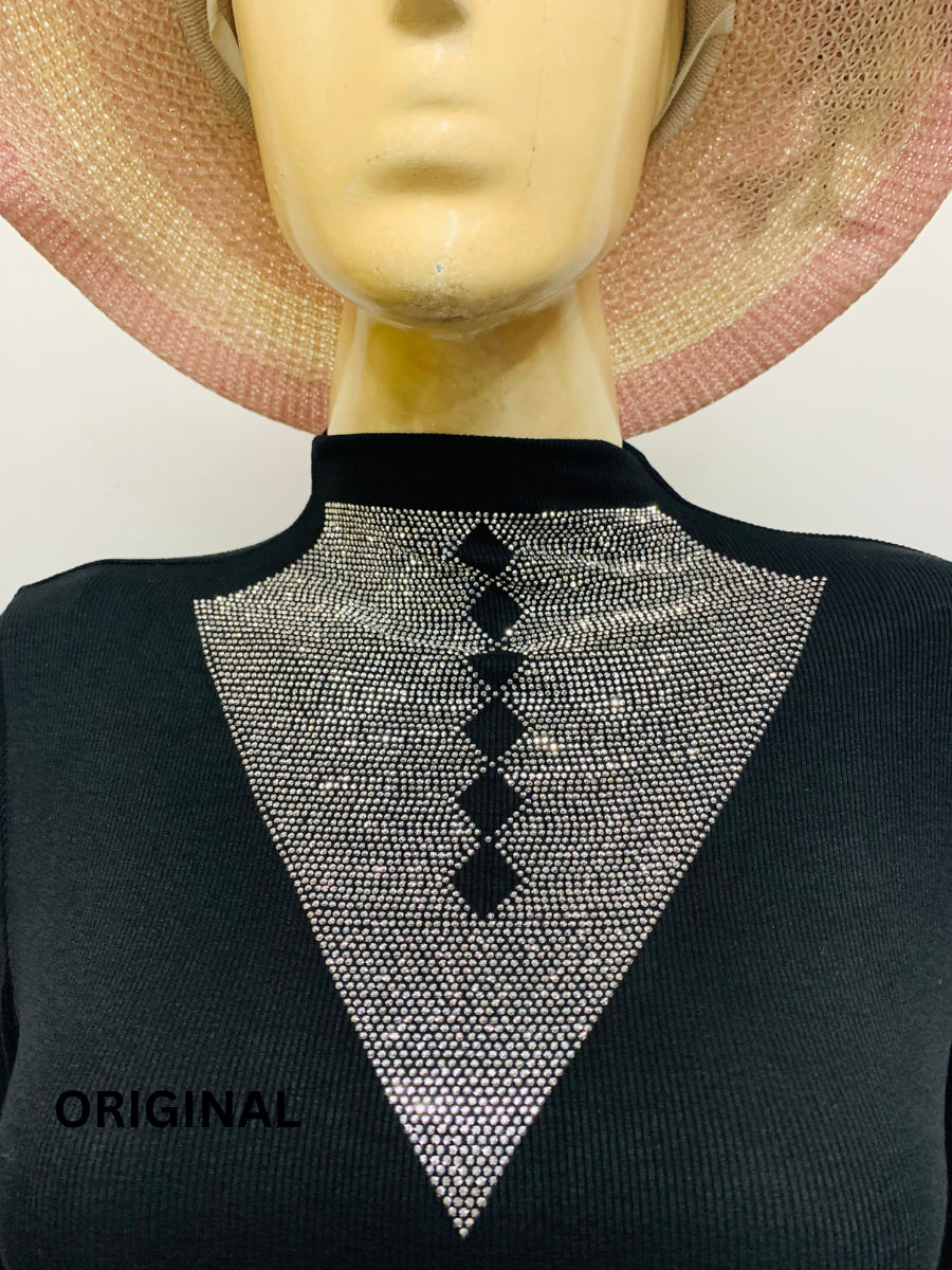 Rhinestone Neck And Sleeve Designed Winter Top FC1461