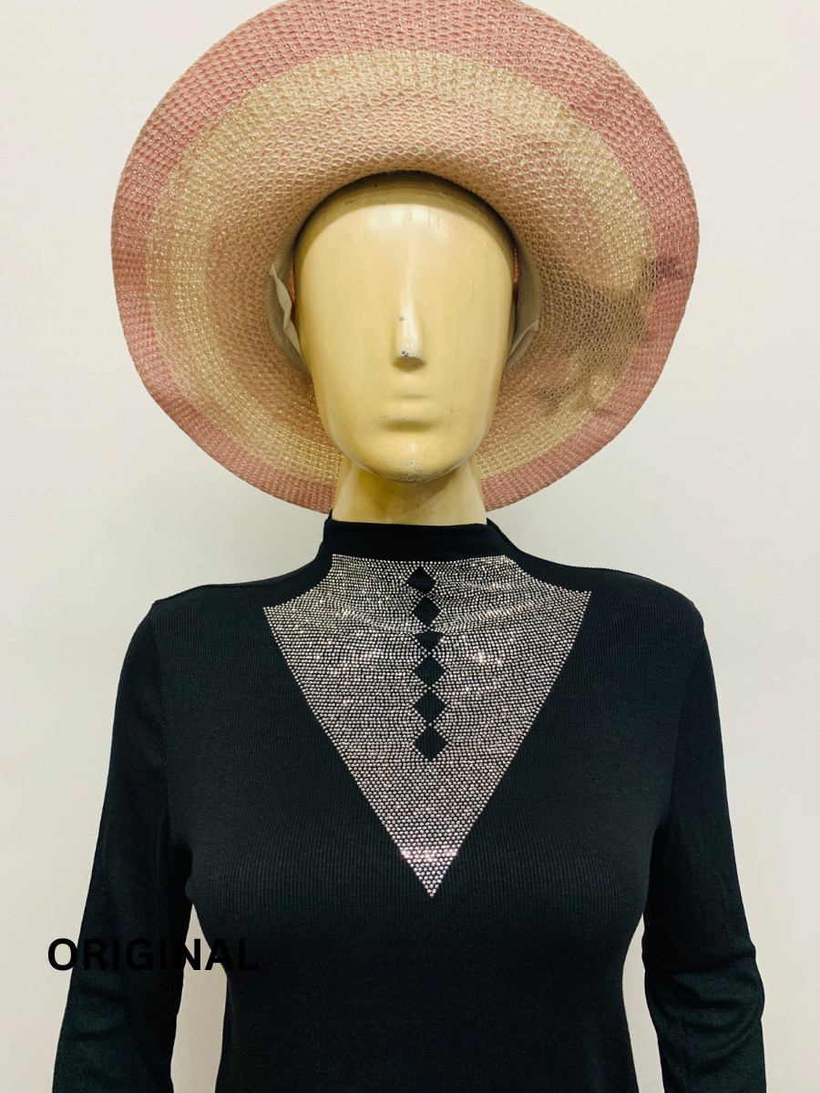 Rhinestone Neck And Sleeve Designed Winter Top FC1461