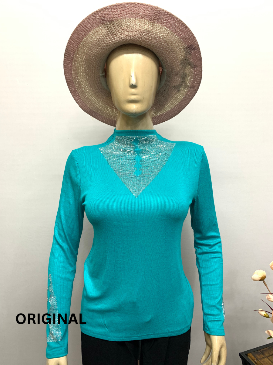 Rhinestone Neck And Sleeve Designed Winter Top FC1461