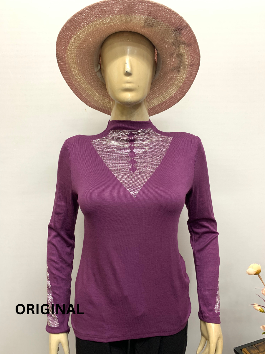Rhinestone Neck And Sleeve Designed Winter Top FC1461