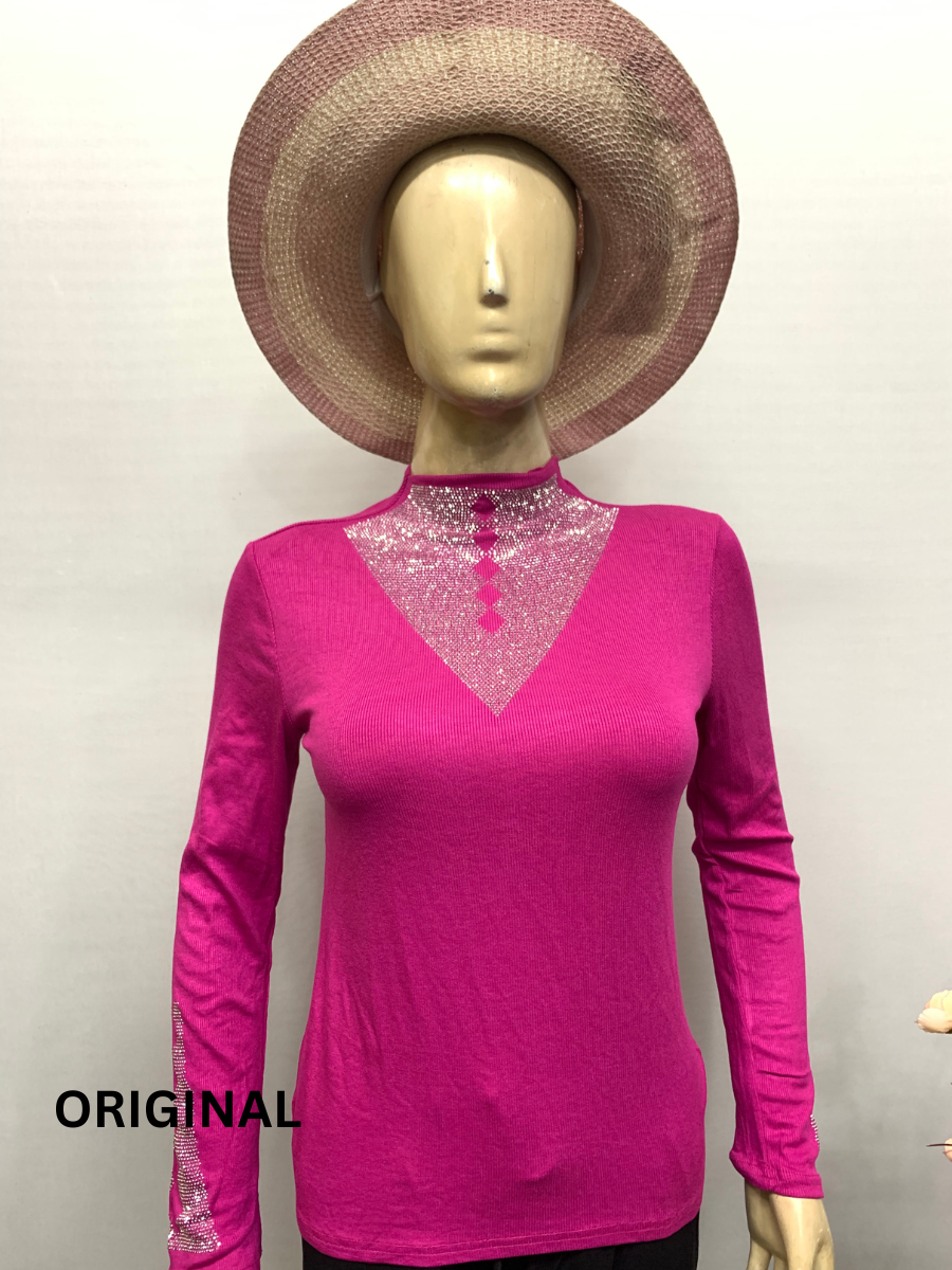 Rhinestone Neck And Sleeve Designed Winter Top FC1461