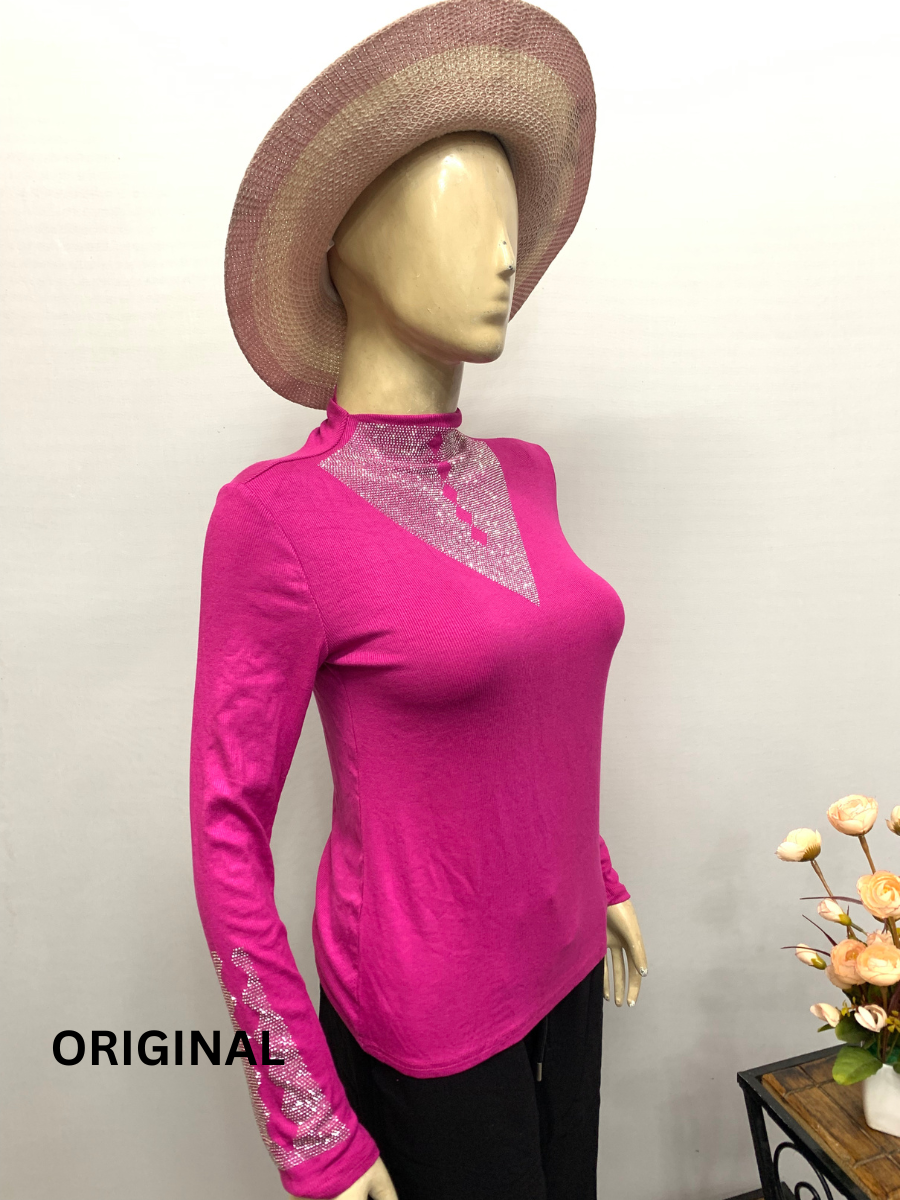 Rhinestone Neck And Sleeve Designed Winter Top FC1461