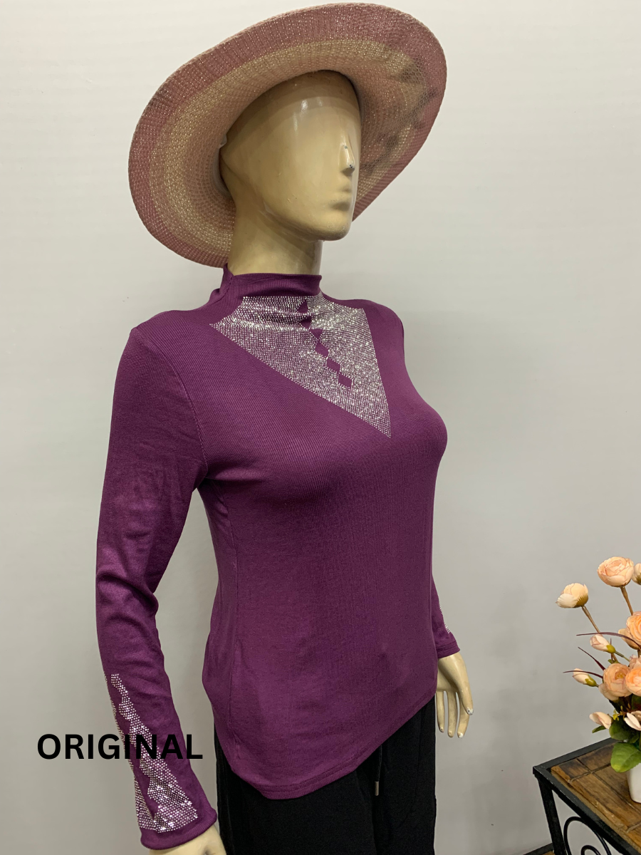 Rhinestone Neck And Sleeve Designed Winter Top FC1461