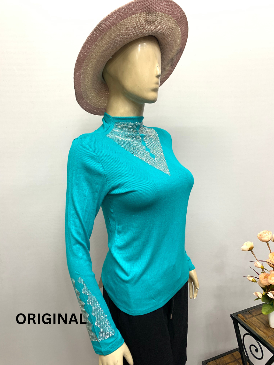 Rhinestone Neck And Sleeve Designed Winter Top FC1461