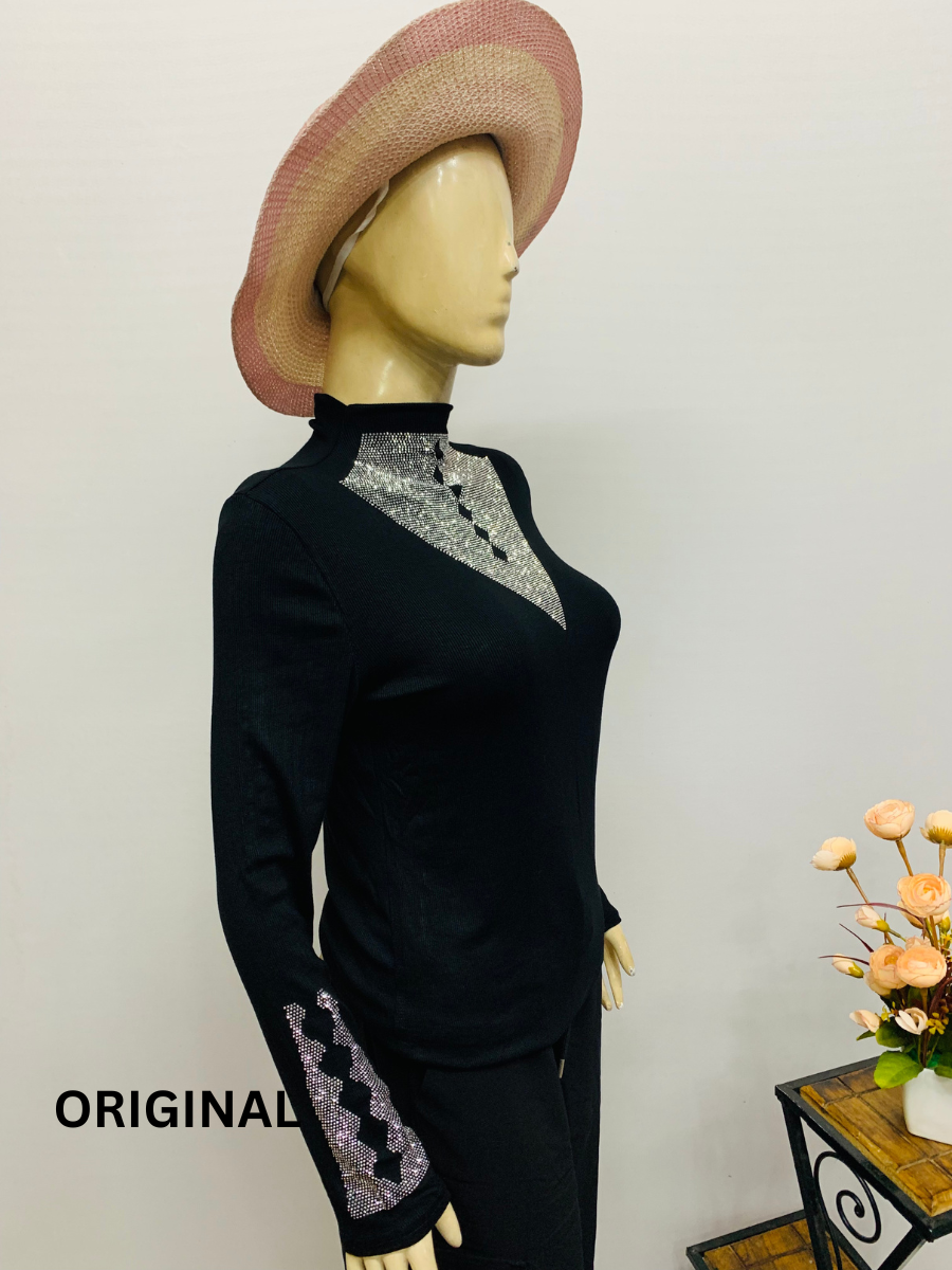 Rhinestone Neck And Sleeve Designed Winter Top FC1461