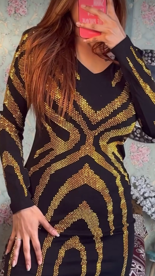 FC Rhinestone V Neck with Mesh Long Sleeves Dress for Women
