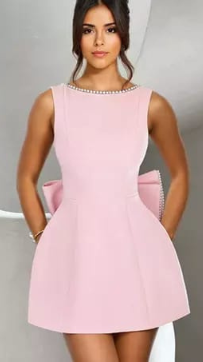 Rhinestone Backless Dress with Big Bow FC1871