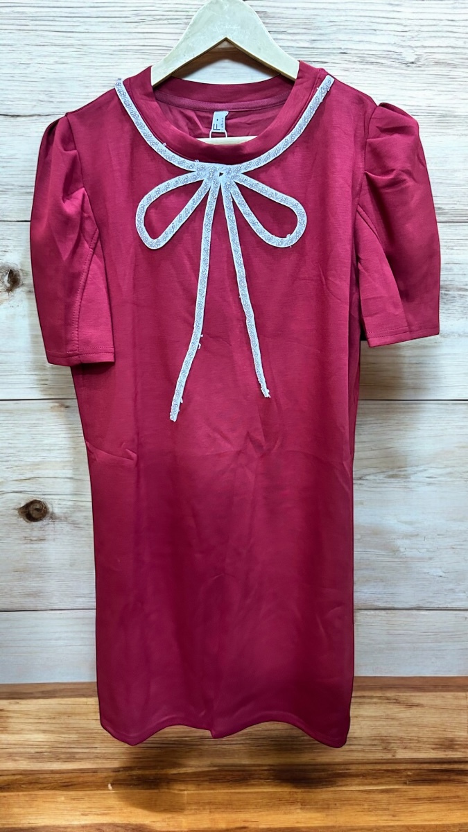 Rhinestone Bow Neckline T-Shirt Dress FC1926