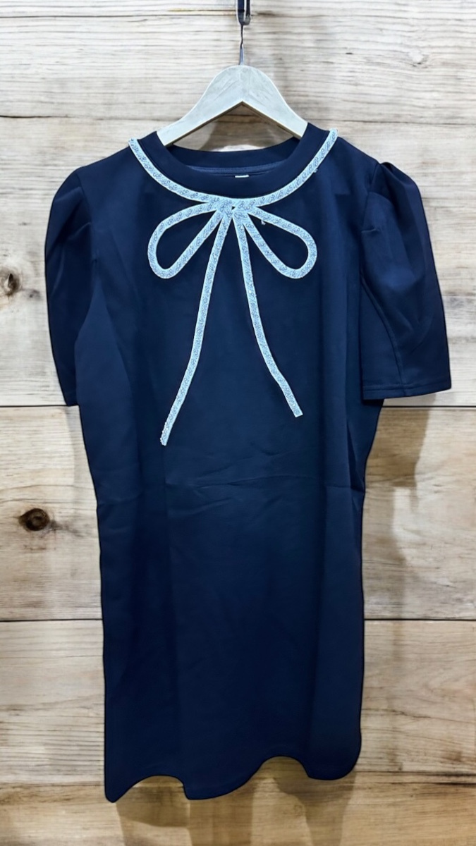 Rhinestone Bow Neckline T-Shirt Dress FC1926