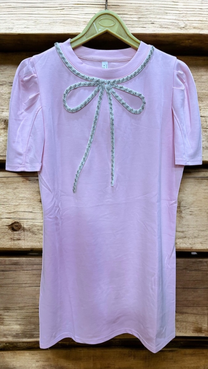 Rhinestone Bow Neckline T-Shirt Dress FC1926