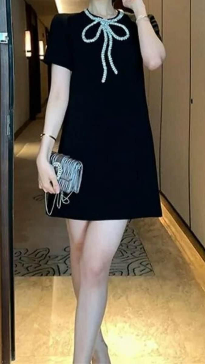 Rhinestone Bow Neckline T-Shirt Dress FC1926