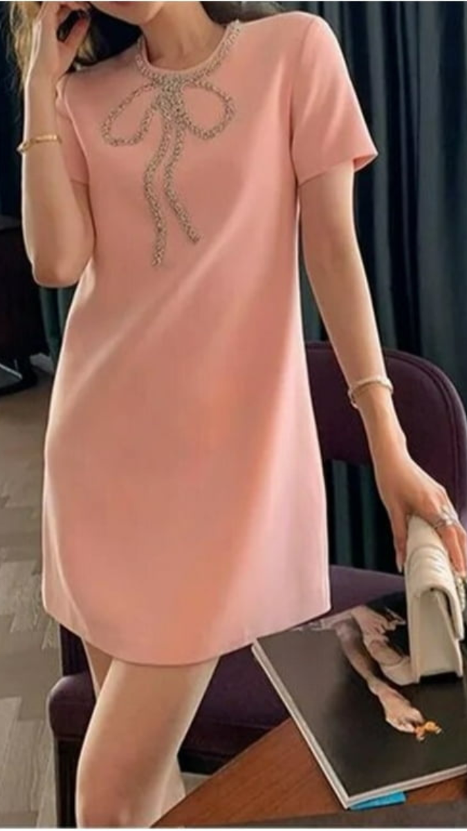 Rhinestone Bow Neckline T-Shirt Dress FC1926