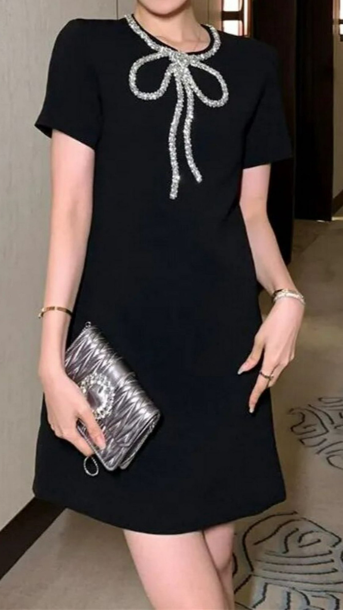 Rhinestone Bow Neckline T-Shirt Dress FC1926
