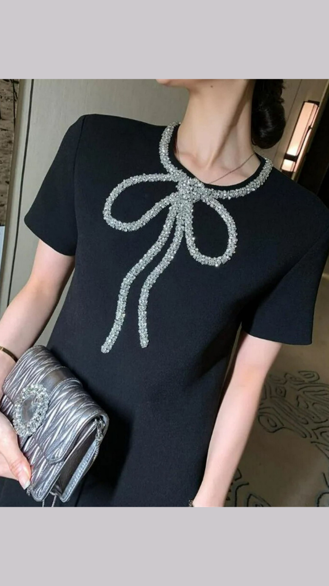 Rhinestone Bow Neckline T-Shirt Dress FC1926