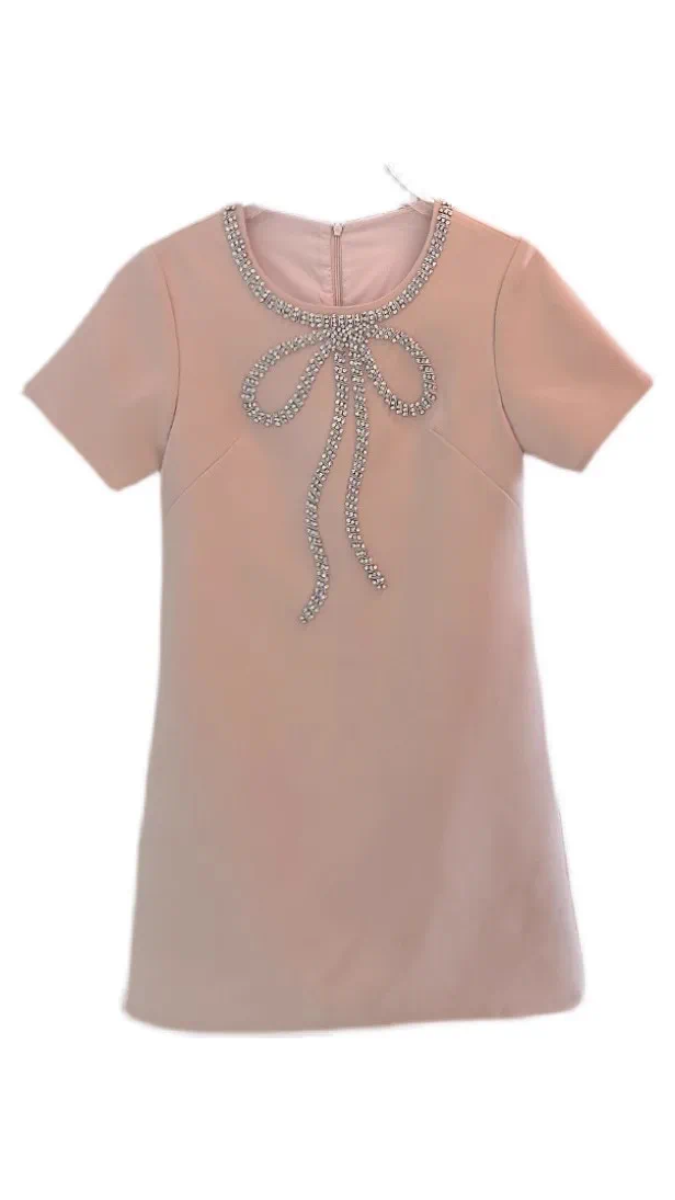 Rhinestone Bow Neckline T-Shirt Dress FC1926
