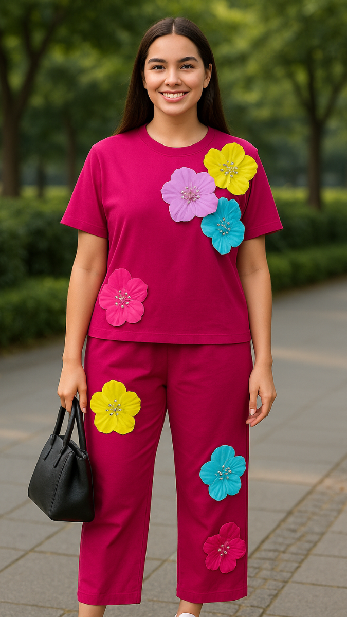 Round Neck Flowered Half Sleeve Coord Set FC1955
