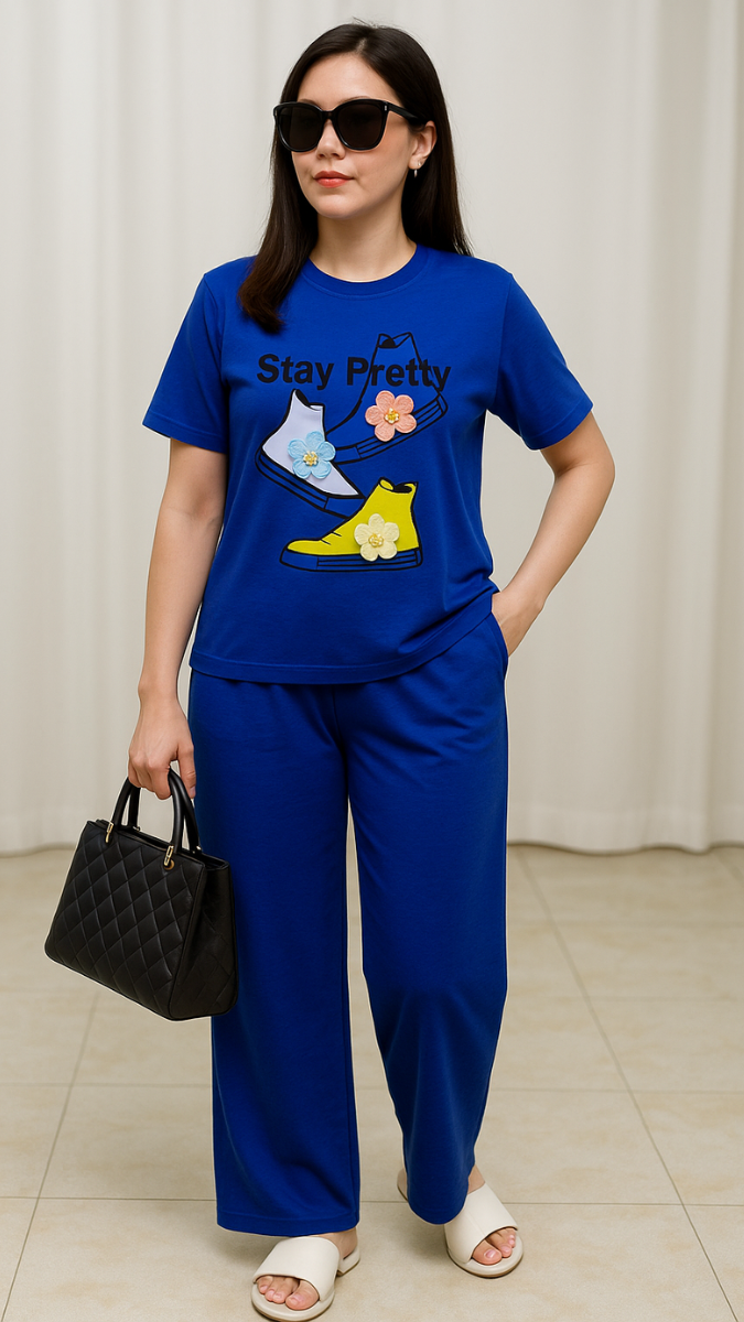 Round Neck Shoes Printed Half Sleeve Coord Set FC1959