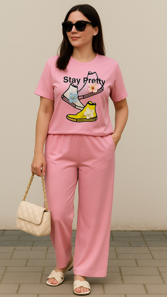 Round Neck Shoes Printed Half Sleeve Coord Set FC1959