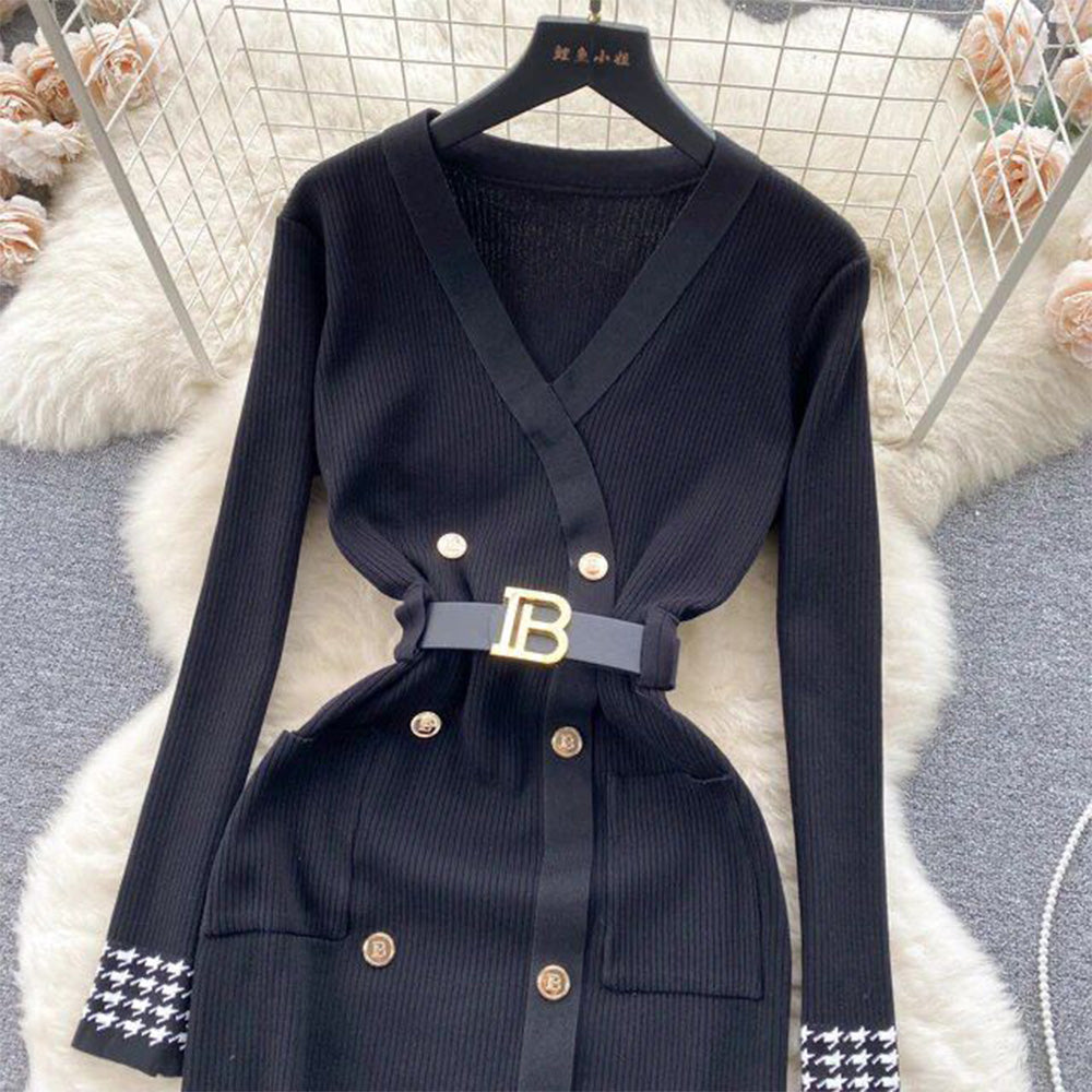 FC Women Chic Elegant V Neck Double Breasted Knitted Dress