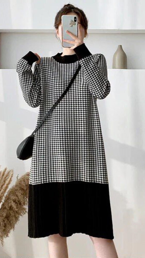 FC Elegant Autumn Winter Plaid Patchwork Knitted Maternity Dress