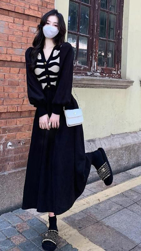 FC Knitted corduroy women French Long Skirt Maxi Dress