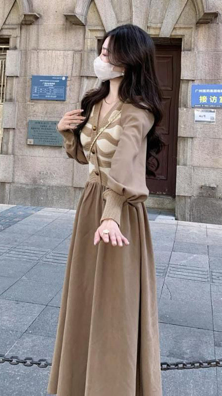 FC Knitted corduroy women French Long Skirt Maxi Dress