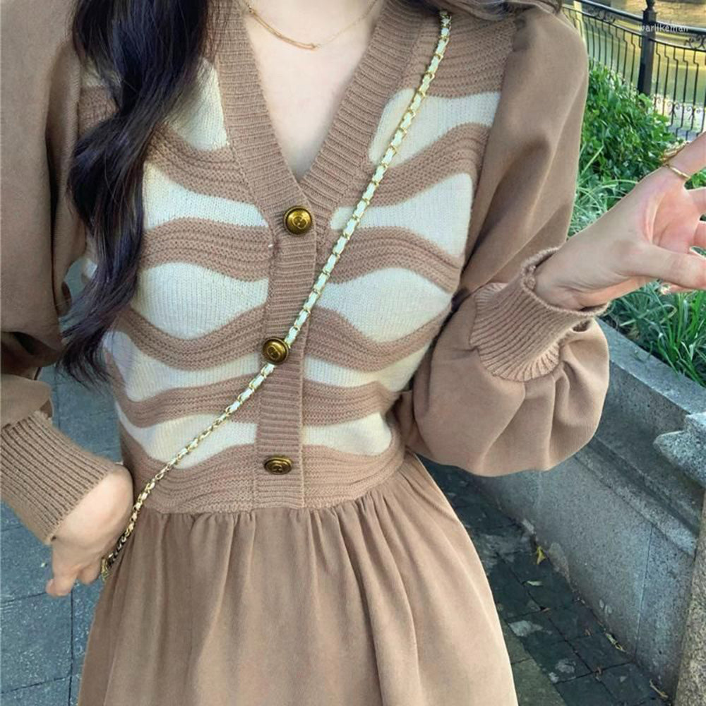 FC Knitted corduroy women French Long Skirt Maxi Dress