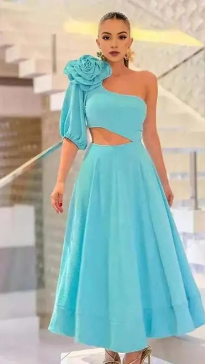 Sexy Short Puff Sleeve One Shoulder 3D Flower Dress FC1857