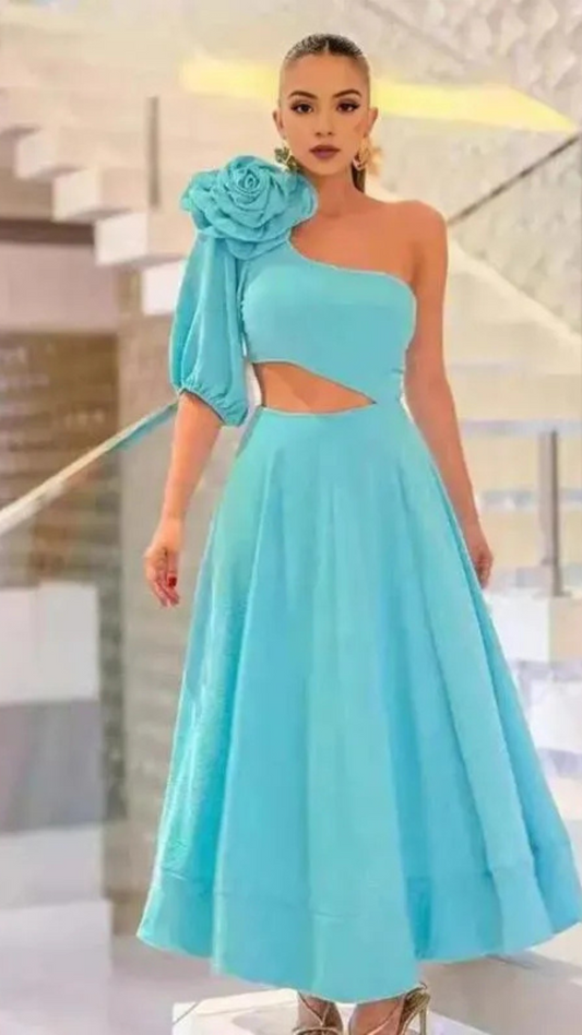 Sexy Short Puff Sleeve One Shoulder 3D Flower Dress FC1857