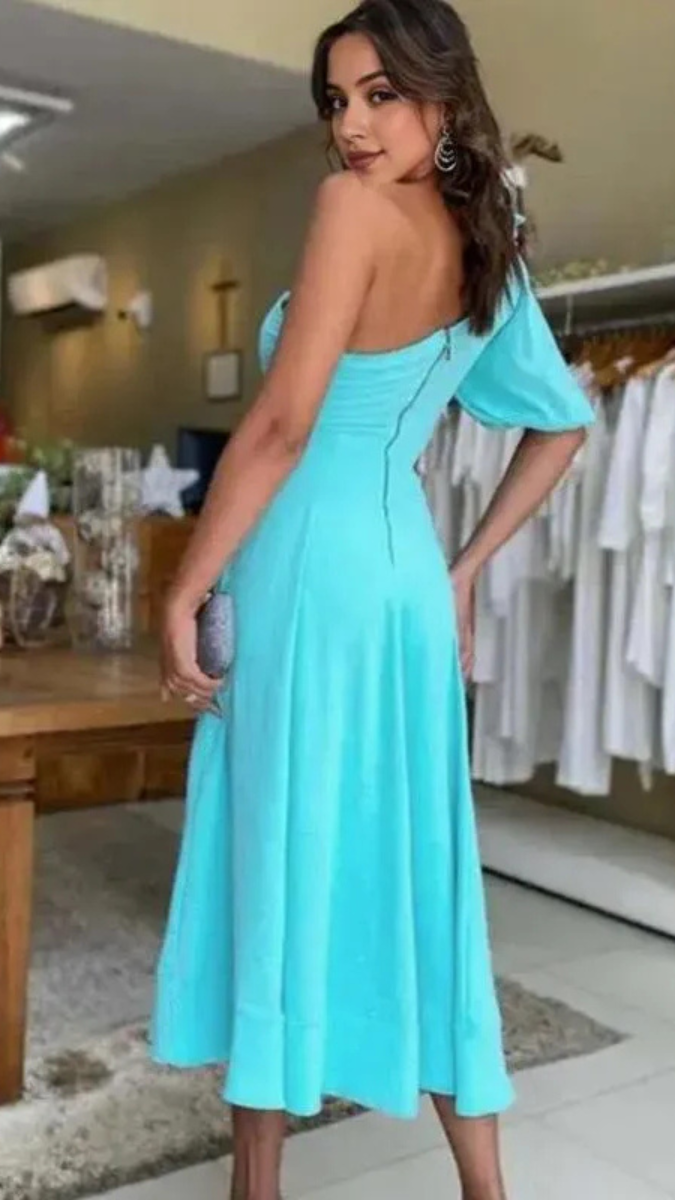 Sexy Short Puff Sleeve One Shoulder 3D Flower Dress FC1857