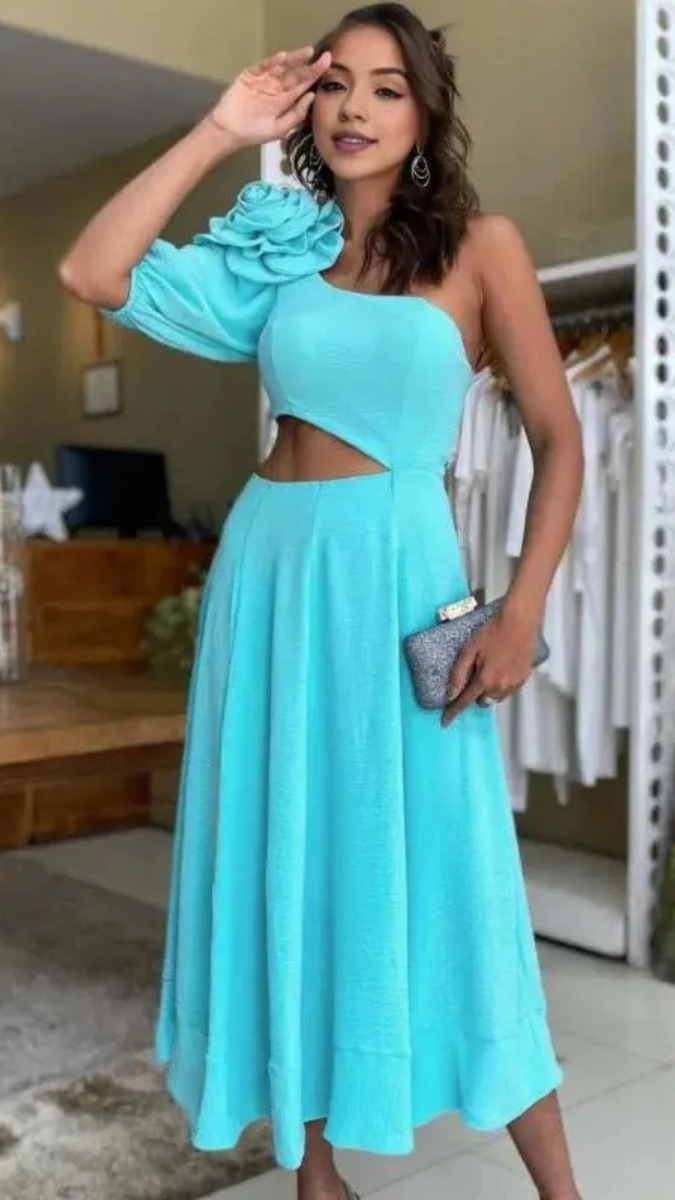 Sexy Short Puff Sleeve One Shoulder 3D Flower Dress FC1857