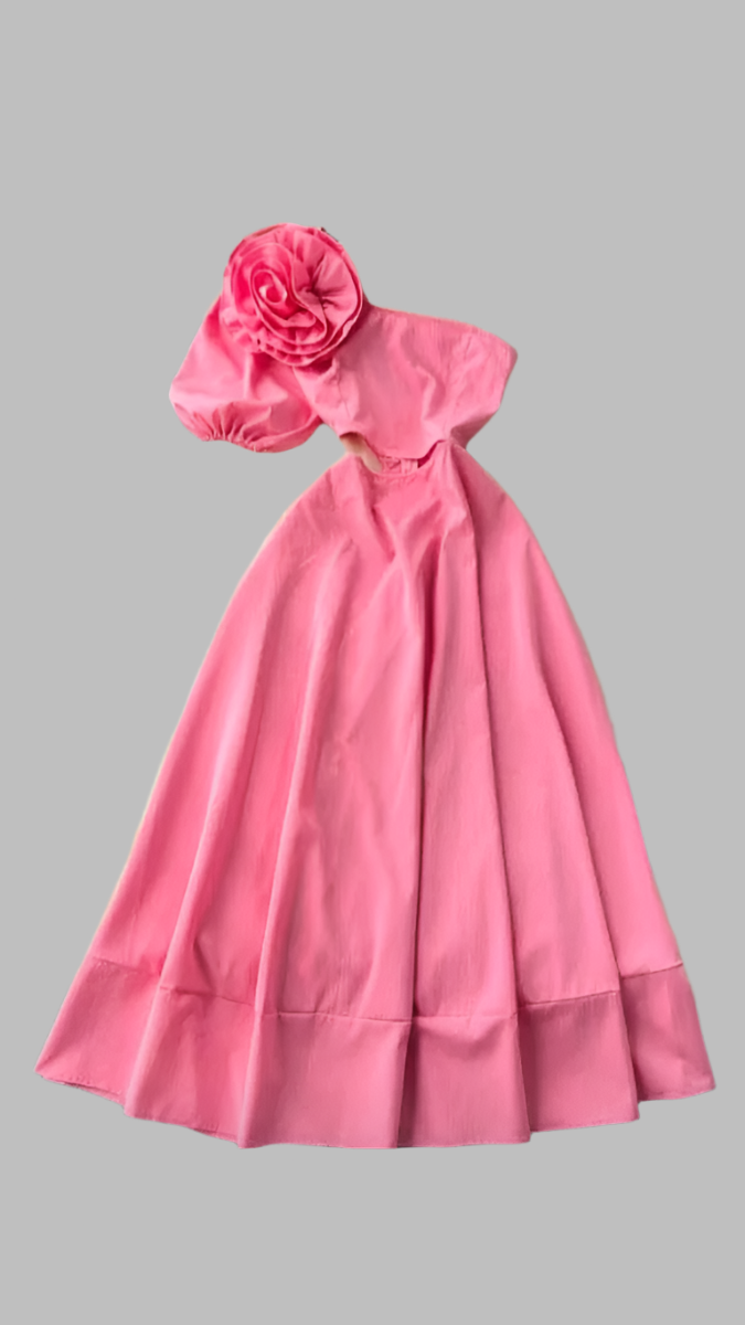 Sexy Short Puff Sleeve One Shoulder 3D Flower Dress FC1857