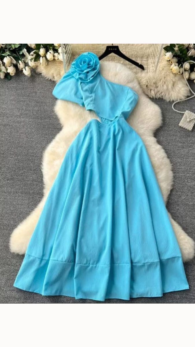 Sexy Short Puff Sleeve One Shoulder 3D Flower Dress FC1857