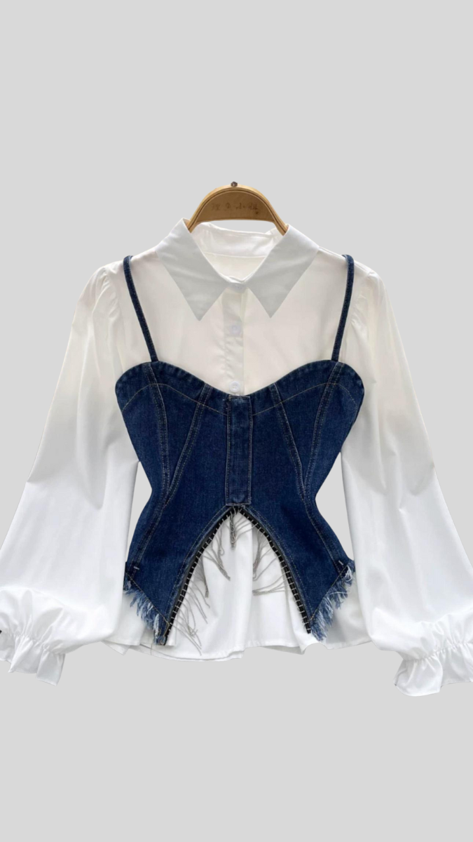 Sexy White Shirt With Denim Bustier FC1475