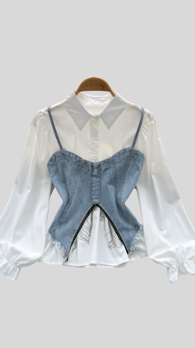 Sexy White Shirt With Denim Bustier FC1475