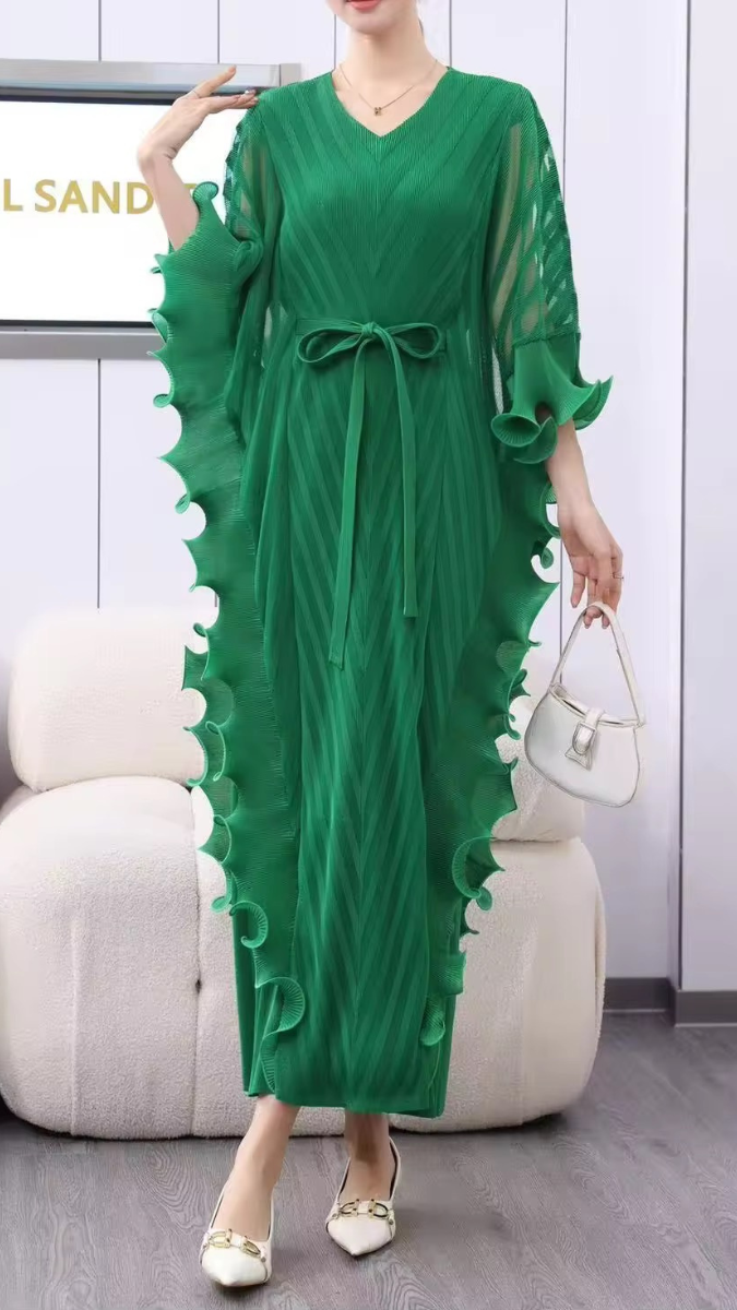 Side Ruffle V Neck Belted Dress FC1919