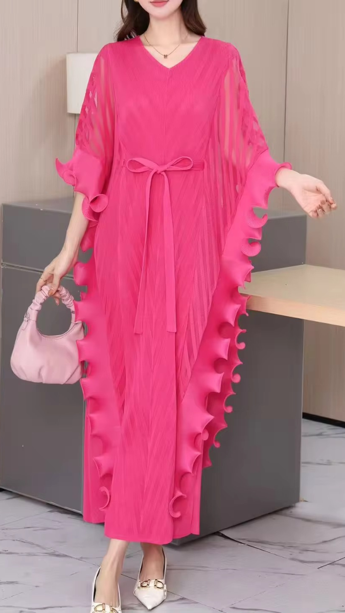 Side Ruffle V Neck Belted Dress FC1919