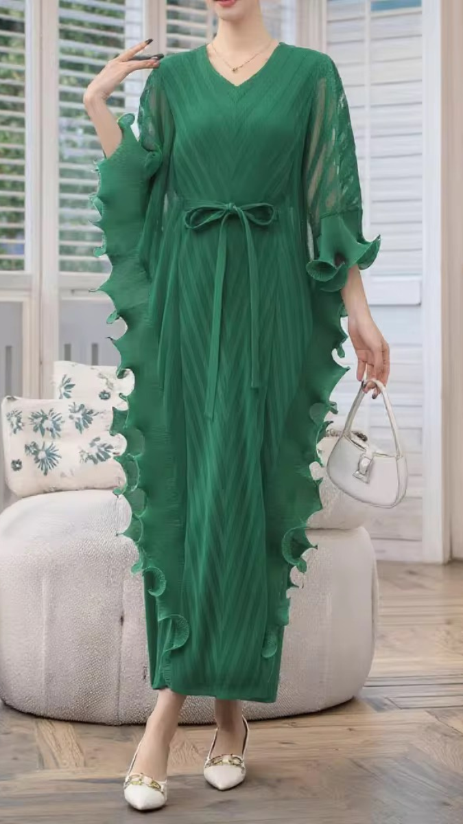 Side Ruffle V Neck Belted Dress FC1919