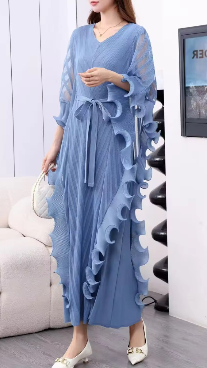 Side Ruffle V Neck Belted Dress FC1919