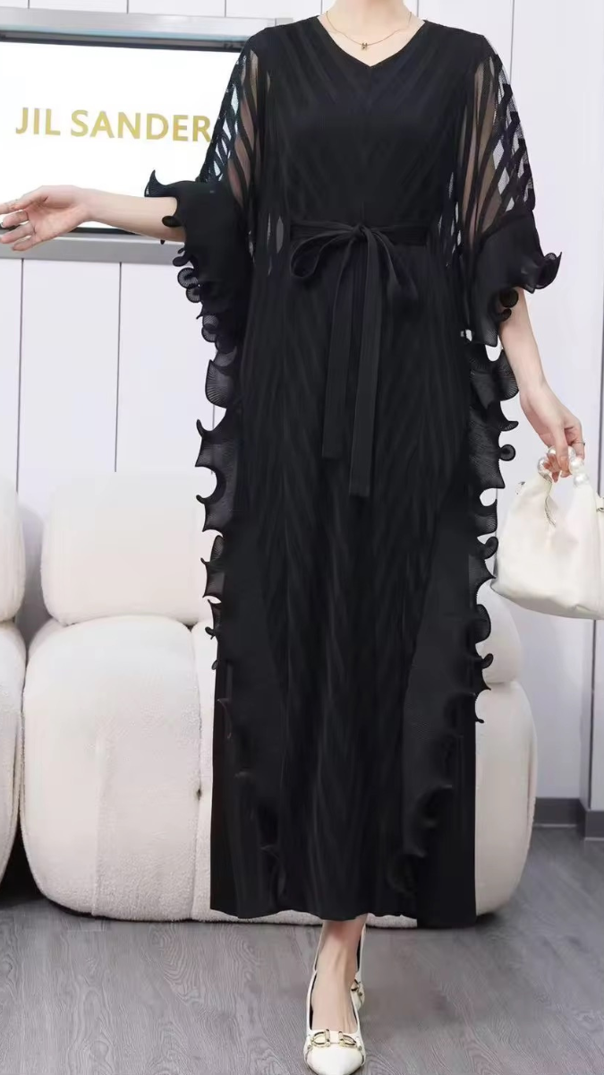 Side Ruffle V Neck Belted Dress FC1919