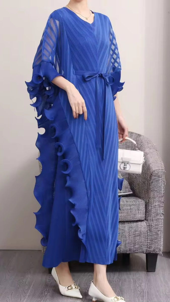 Side Ruffle V Neck Belted Dress FC1919